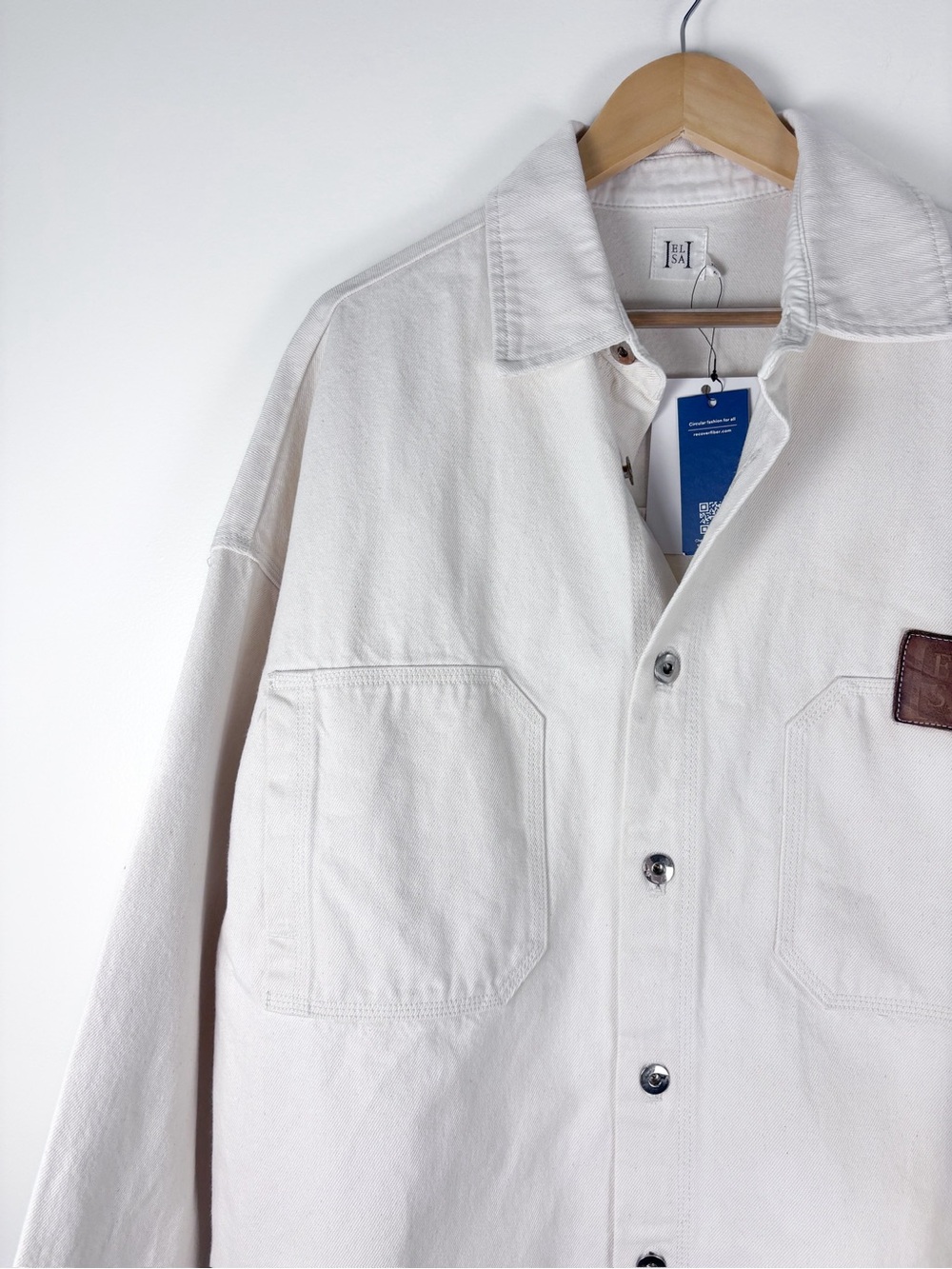 Helsa Ecru Cotton Denim Relaxed Long Sleeve Button Up Overshirt Shacket M/L NWT - Picture 8 of 10